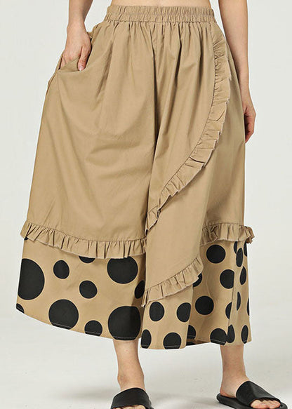 Khaki Ruffled Pockets Print Cotton Wide Leg Pants Summer