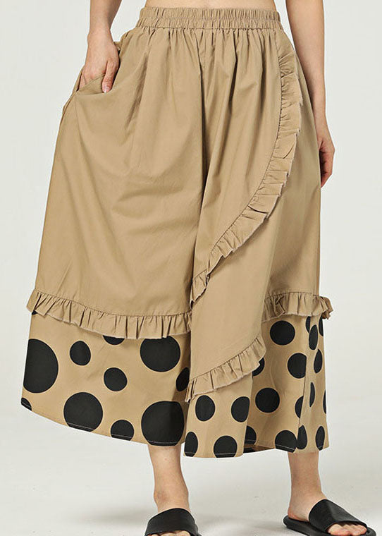 Khaki Ruffled Pockets Print Cotton Wide Leg Pants Summer