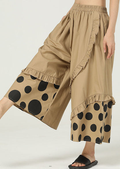 Khaki Ruffled Pockets Print Cotton Wide Leg Pants Summer