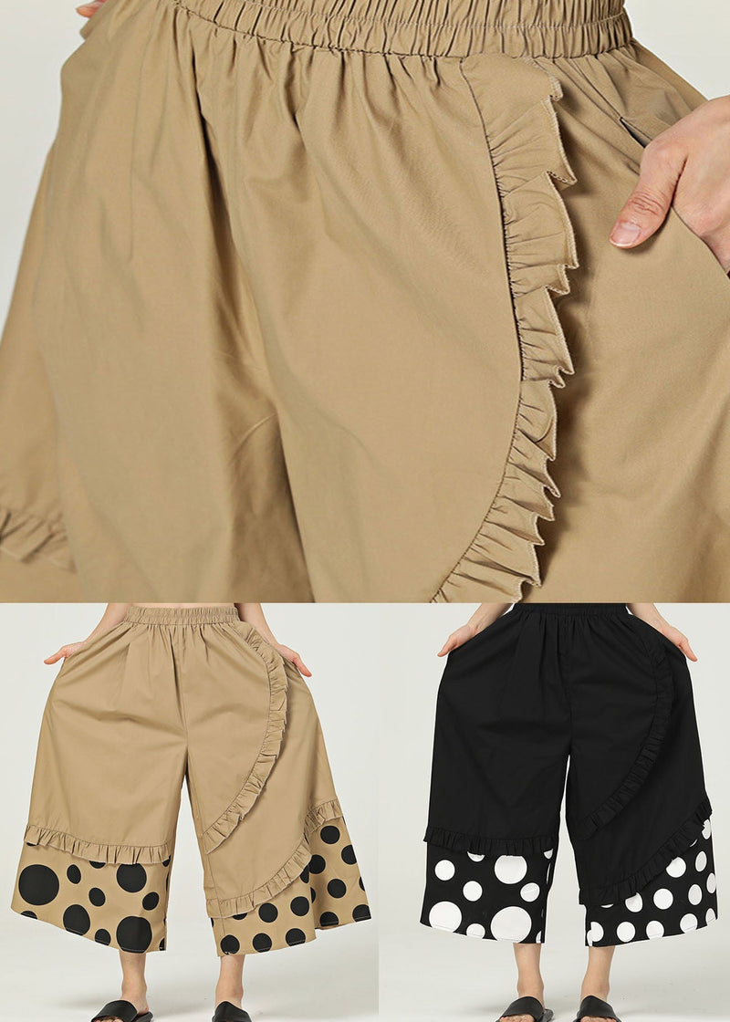 Khaki Ruffled Pockets Print Cotton Wide Leg Pants Summer