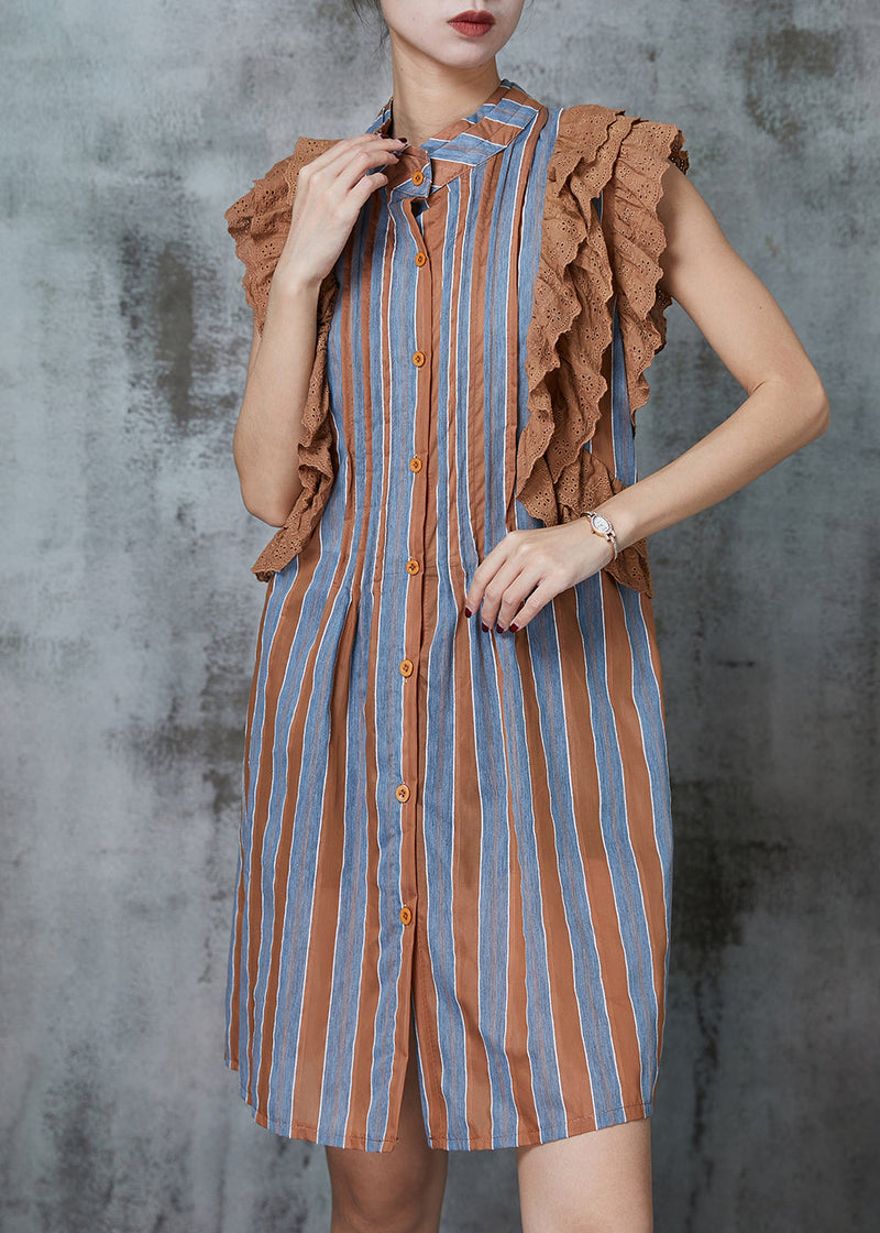 Khaki Striped Patchwork Ruffles Cotton Mini Dress Sleeveless