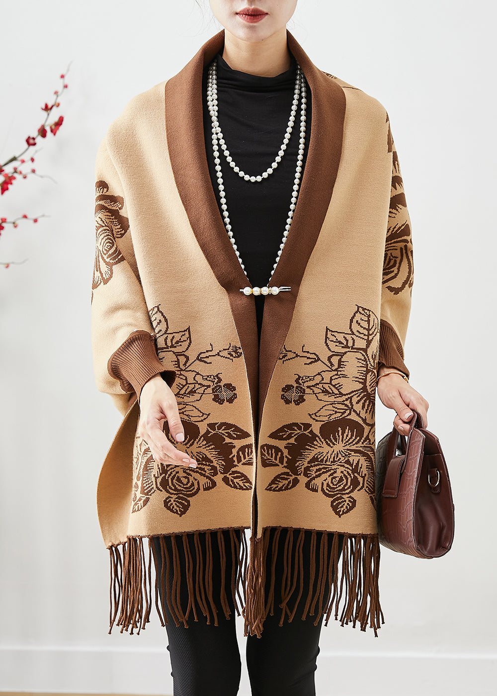 Khaki Tasseled Print Knit Loose Coat Fall
