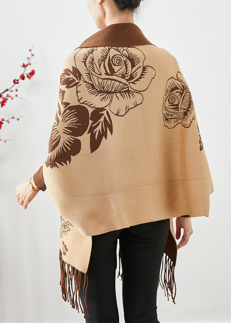 Khaki Tasseled Print Knit Loose Coat Fall