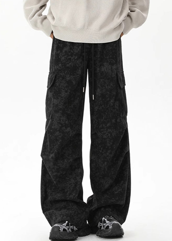 Khaki Tie Dye Pockets Corduroy Pants Elastic Waist Spring