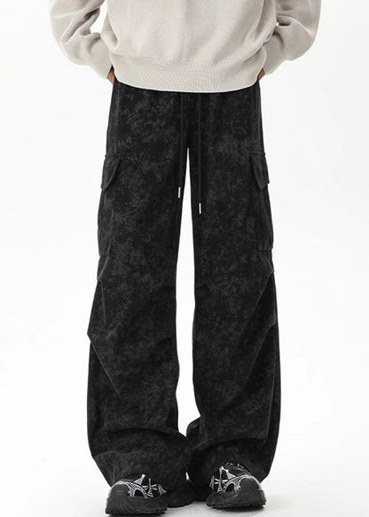Khaki Tie Dye Pockets Corduroy Pants Elastic Waist Spring