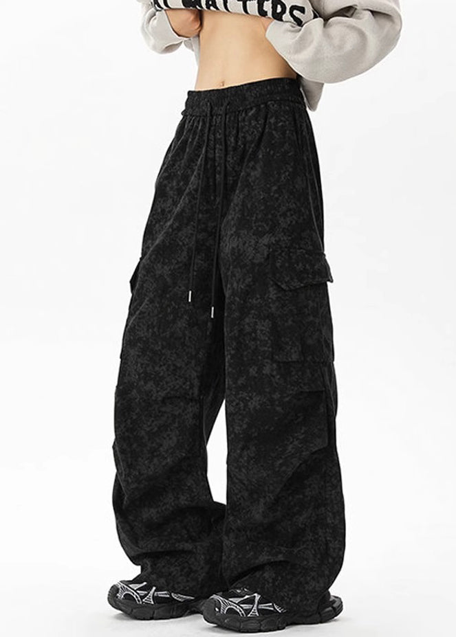 Khaki Tie Dye Pockets Corduroy Pants Elastic Waist Spring