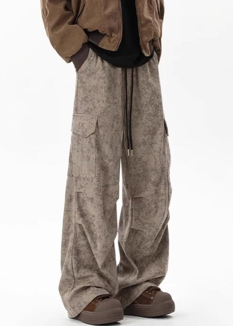 Khaki Tie Dye Pockets Corduroy Pants Elastic Waist Spring