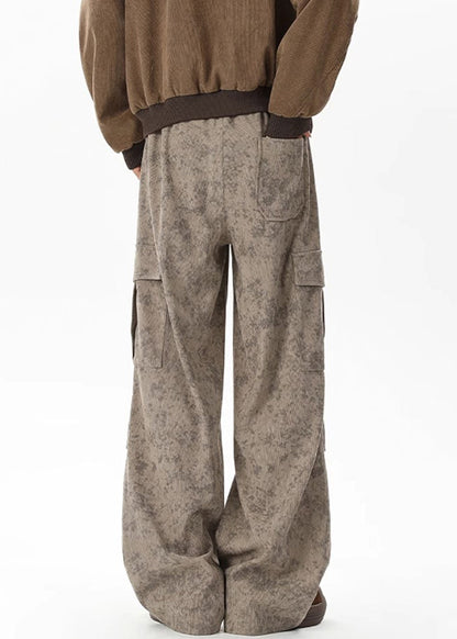 Khaki Tie Dye Pockets Corduroy Pants Elastic Waist Spring