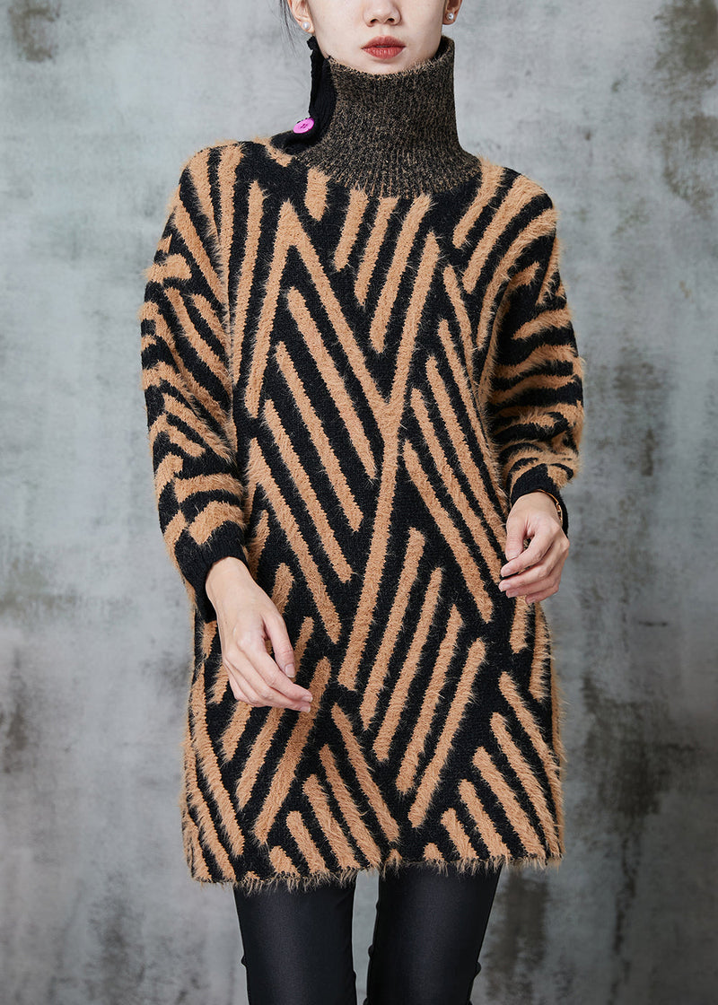 Khaki Turtle Neck Striped Knit Long Sweater Winter