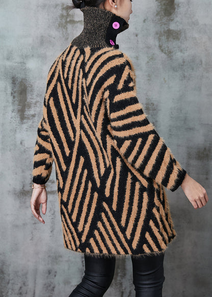 Khaki Turtle Neck Striped Knit Long Sweater Winter