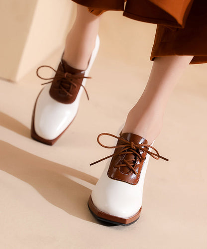 Lace Up Splicing Chunky High Heels Beige Cowhide Leather
