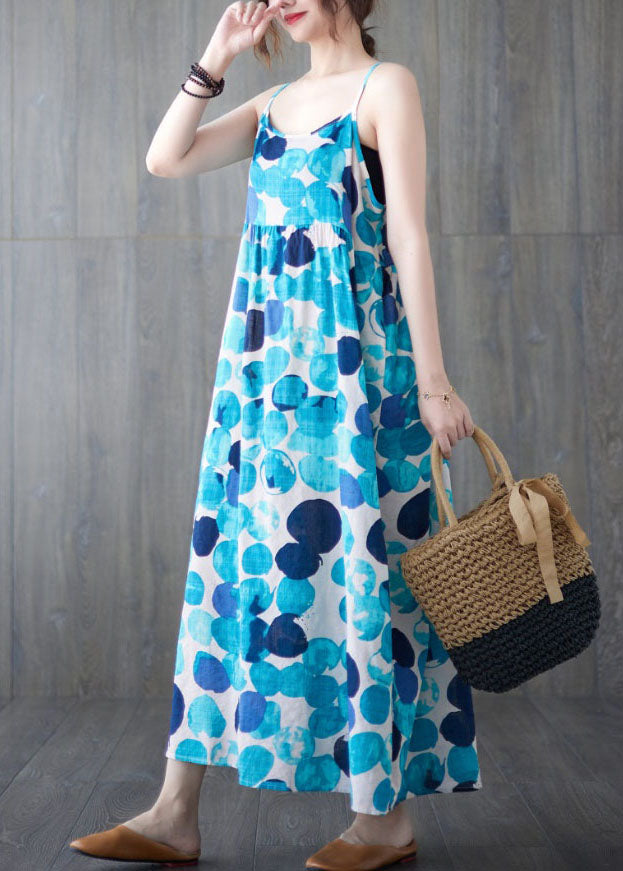 Lake Blue Backless Dot Print Linen Spaghetti Strap Dresses Sleeveless