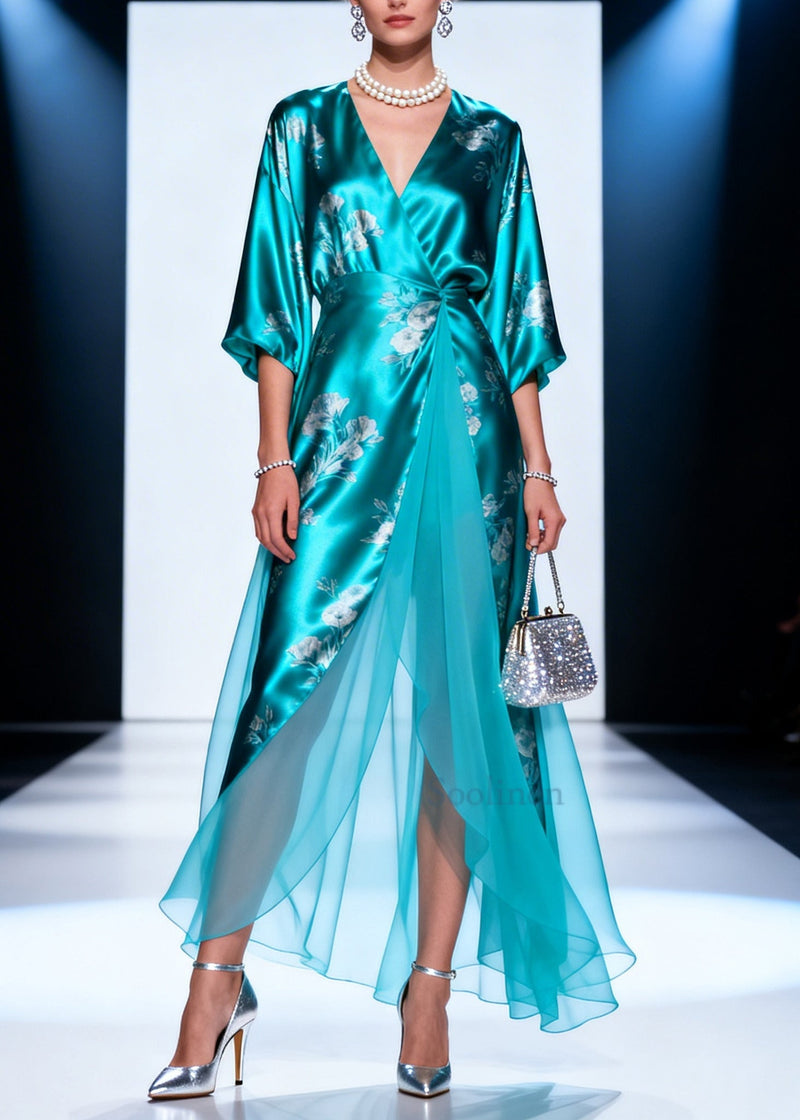 Lake Blue Print Tulle Patchwork Silk Long Dresses Summer