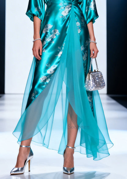 Lake Blue Print Tulle Patchwork Silk Long Dresses Summer