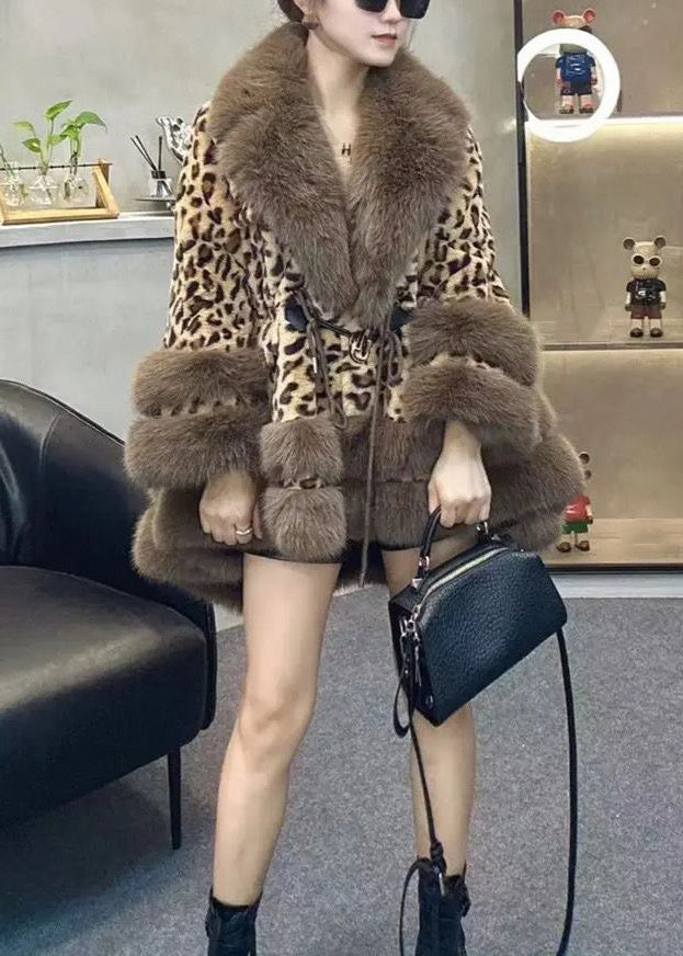 Leopard Fur Collar Drawstring Patchwork Faux Leather Coats Winter