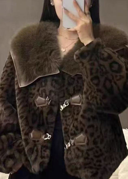 Leopard Peter Pan Collar Button Mink Hair Coats Winter