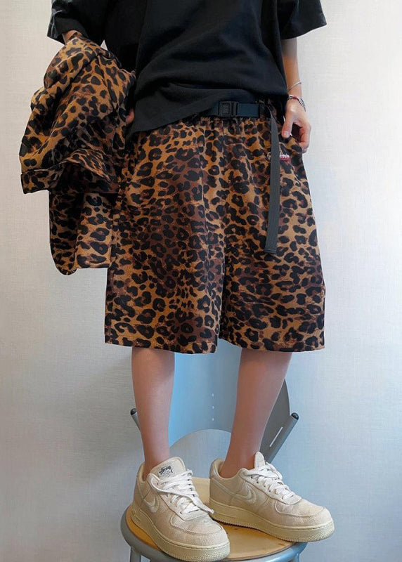 Leopard Pockets Elastic Waist Cotton Shorts Summer