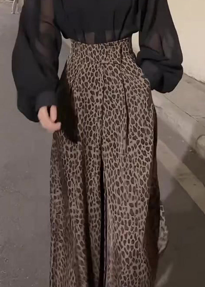 Leopard Pockets High Waist Cotton Wide Leg Pants Fall
