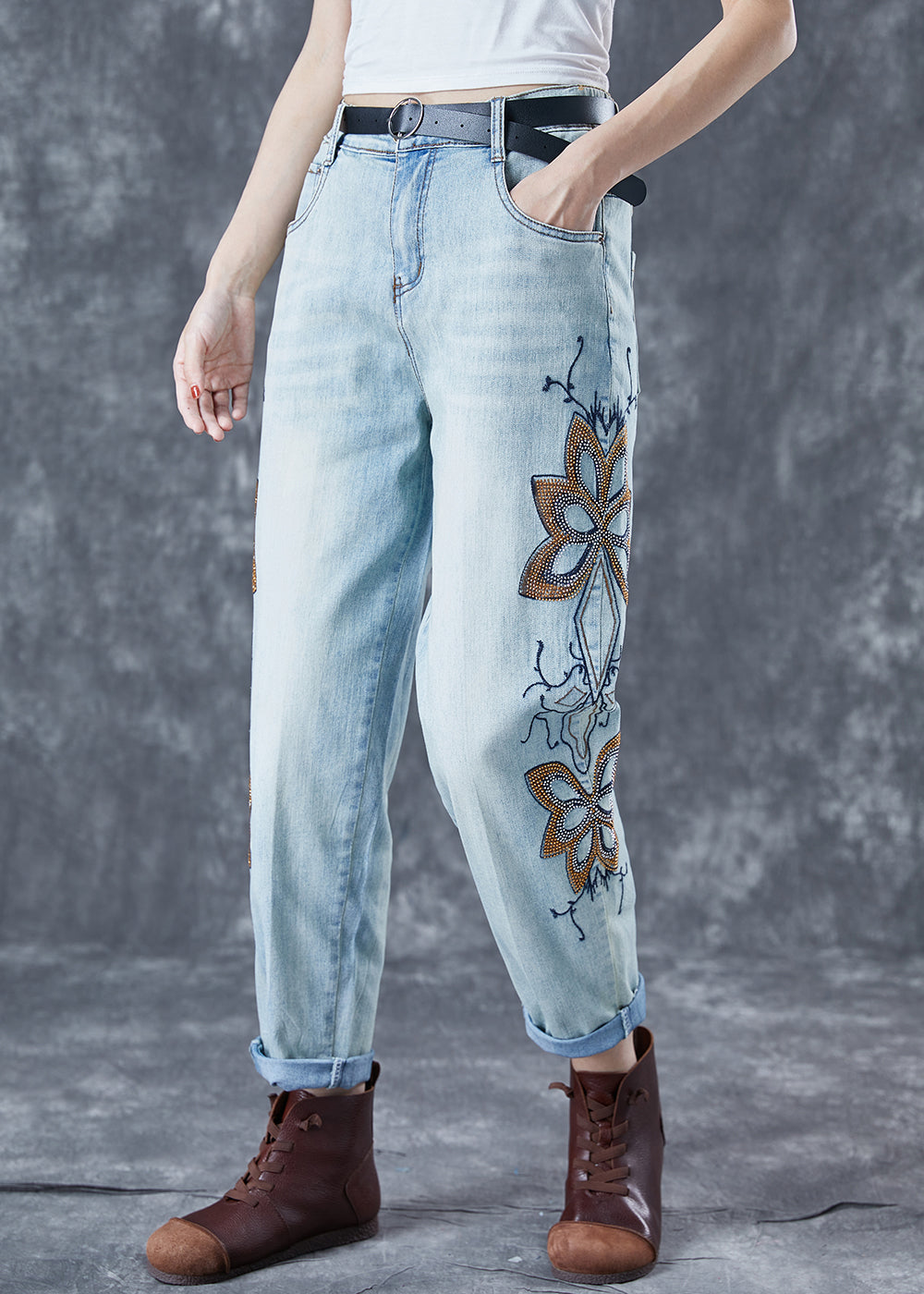 Light Blue Embroideried Zircon Denim Harem Pants Summer