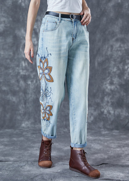 Light Blue Embroideried Zircon Denim Harem Pants Summer