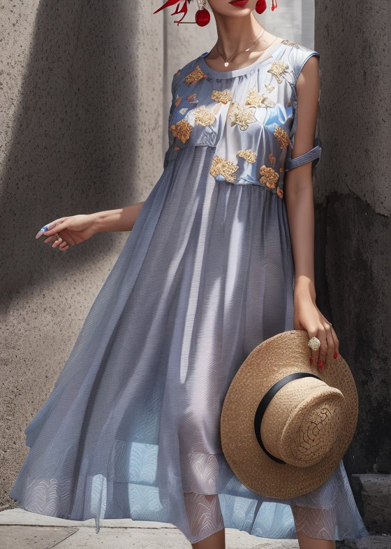 Light Blue O Neck Print Patchwork Silk Long Dresses Summer