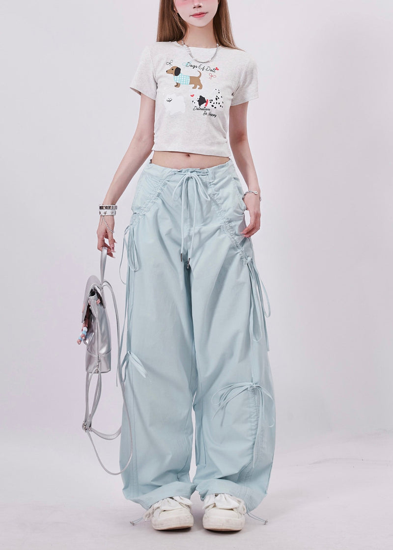 Light Blue Tie Waist Bow Cotton Pants Spring