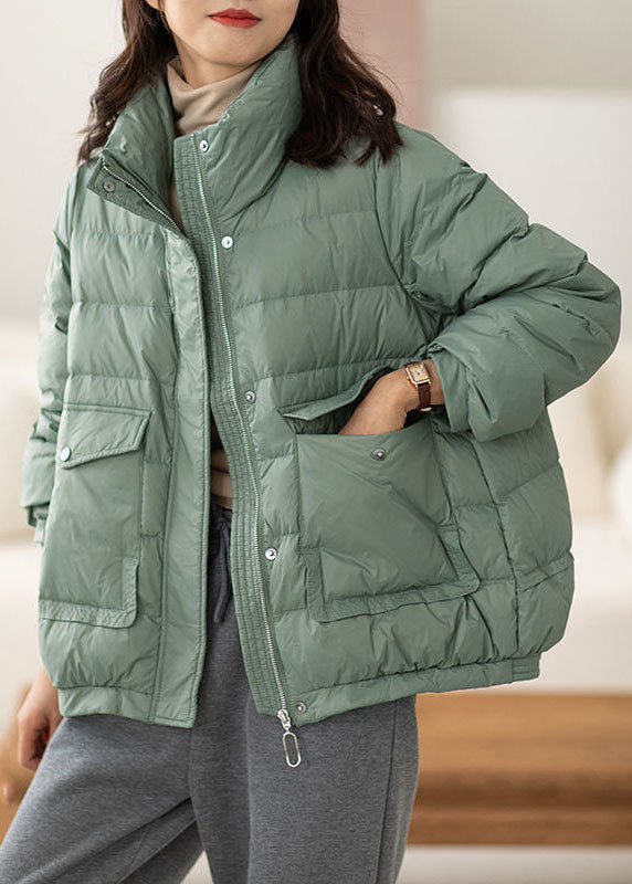 Light Green Stand Collar Zip Up Pockets Duck Down Puffers Jackets Winter
