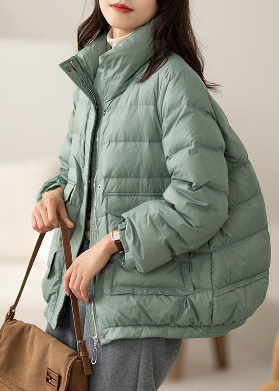 Light Green Stand Collar Zip Up Pockets Duck Down Puffers Jackets Winter