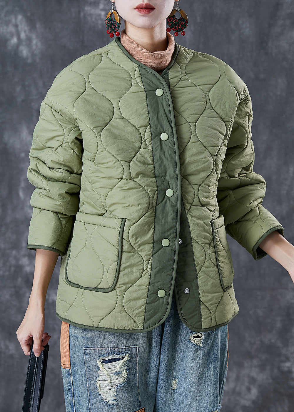 Light Green Thick Patchwork Warm Fleece Jacket Winter