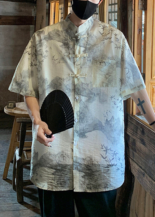 Light Grey Chinese Button Print Ice Silk Shirts Summer