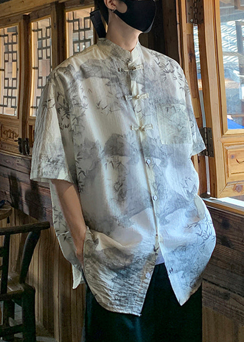 Light Grey Chinese Button Print Ice Silk Shirts Summer