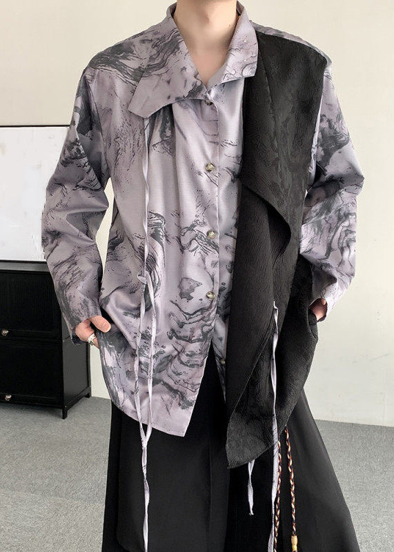 Light Grey Lace Up Print Patchwork Shirts Long Sleeve