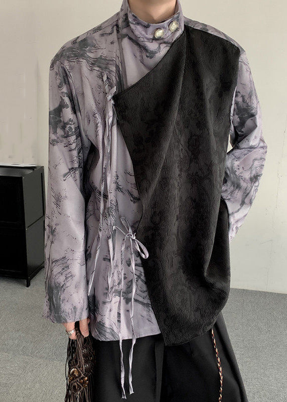 Light Grey Lace Up Print Patchwork Shirts Long Sleeve