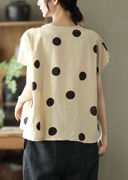 Light Khaki V Neck Print Patchwork Linen T Shirt Tops Summer