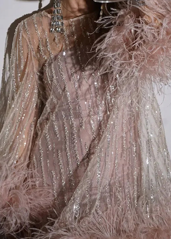 Light Pink Fluffy Sequins Patchwork Tulle Mid Dress Spring