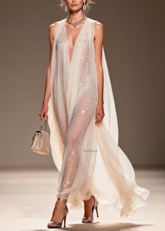 Loose V Neck Zircon Chiffon Dress Sleeveless