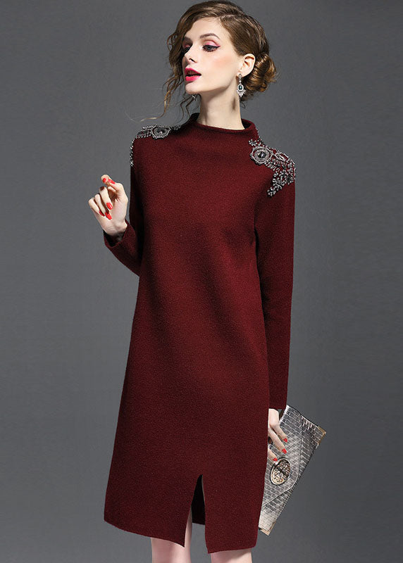 Mulberry Turtle Neck Side Open Knit Sweater Dress Long Sleeve