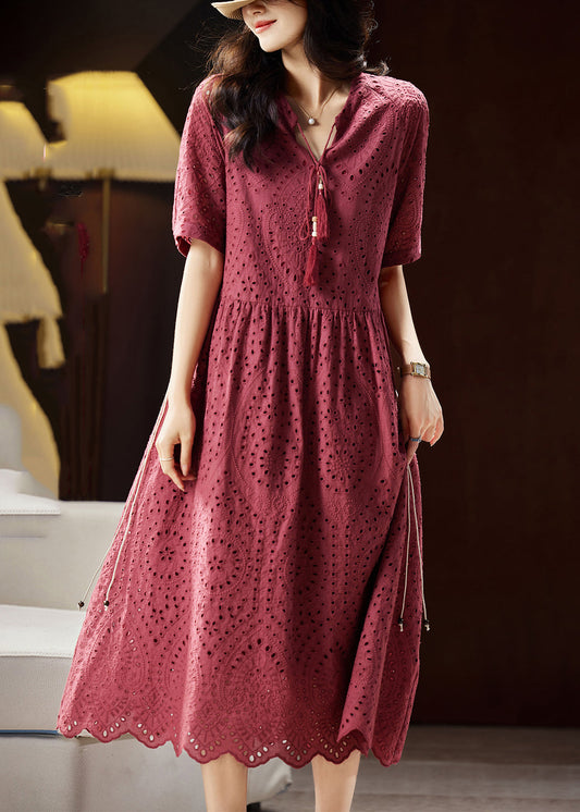 Mulberry V Neck Hollow Out Sashes Cotton Maxi Dress Short Sleeve