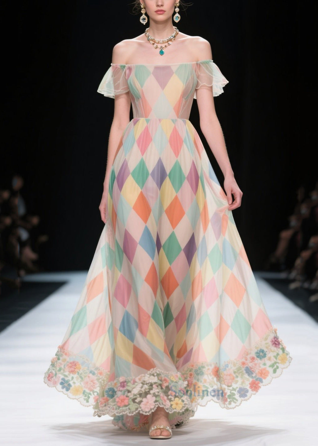 Multicolour Plaid Patchwork Lace Chiffon Strapless Dress Summer