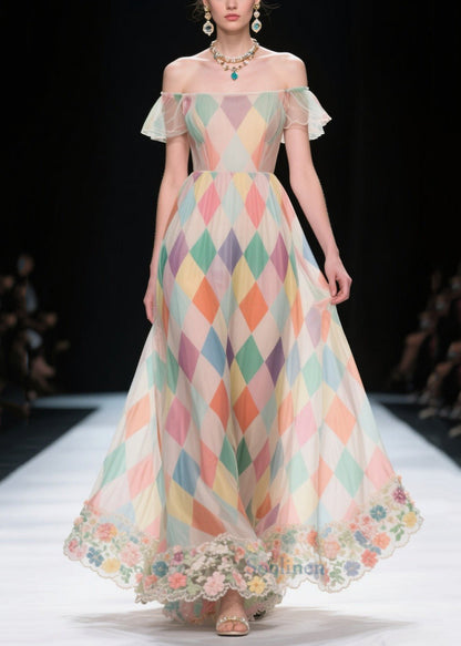 Multicolour Plaid Patchwork Lace Chiffon Strapless Dress Summer