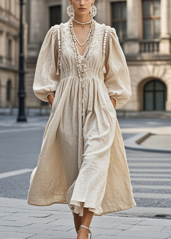 Nail Bead V Neck Cotton Holiday Dress Spring