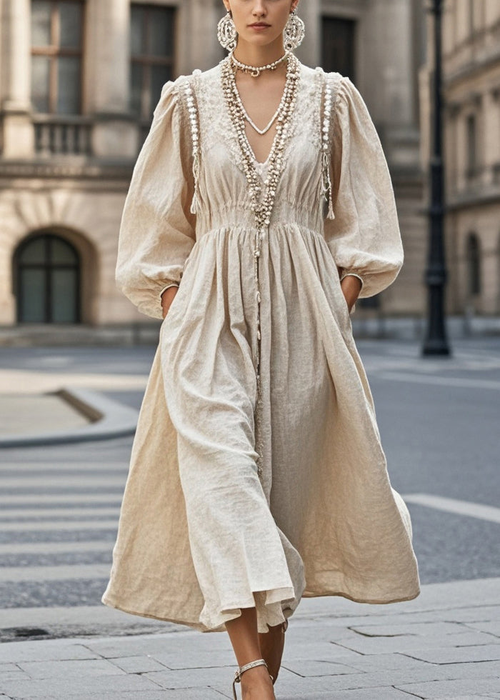 Nail Bead V Neck Cotton Holiday Dress Spring