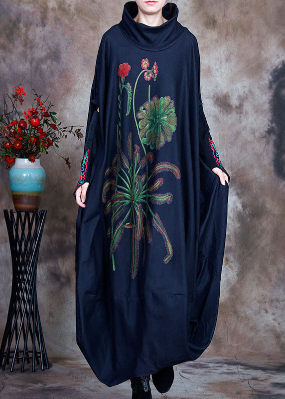 Navy Asymmetrical Print Velour Holiday Dress Winter