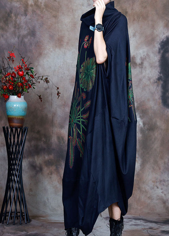 Navy Asymmetrical Print Velour Holiday Dress Winter