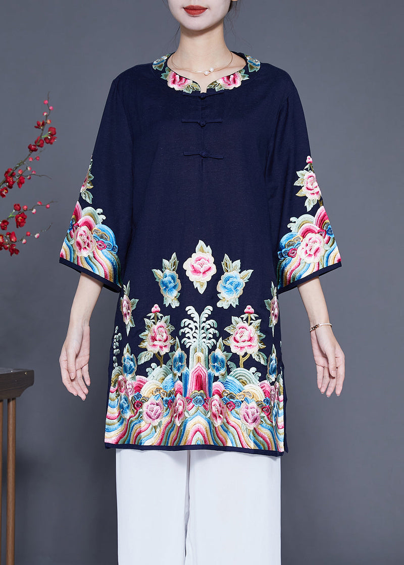 Navy Embroideried Linen Long Shirt Bracelet Sleeve
