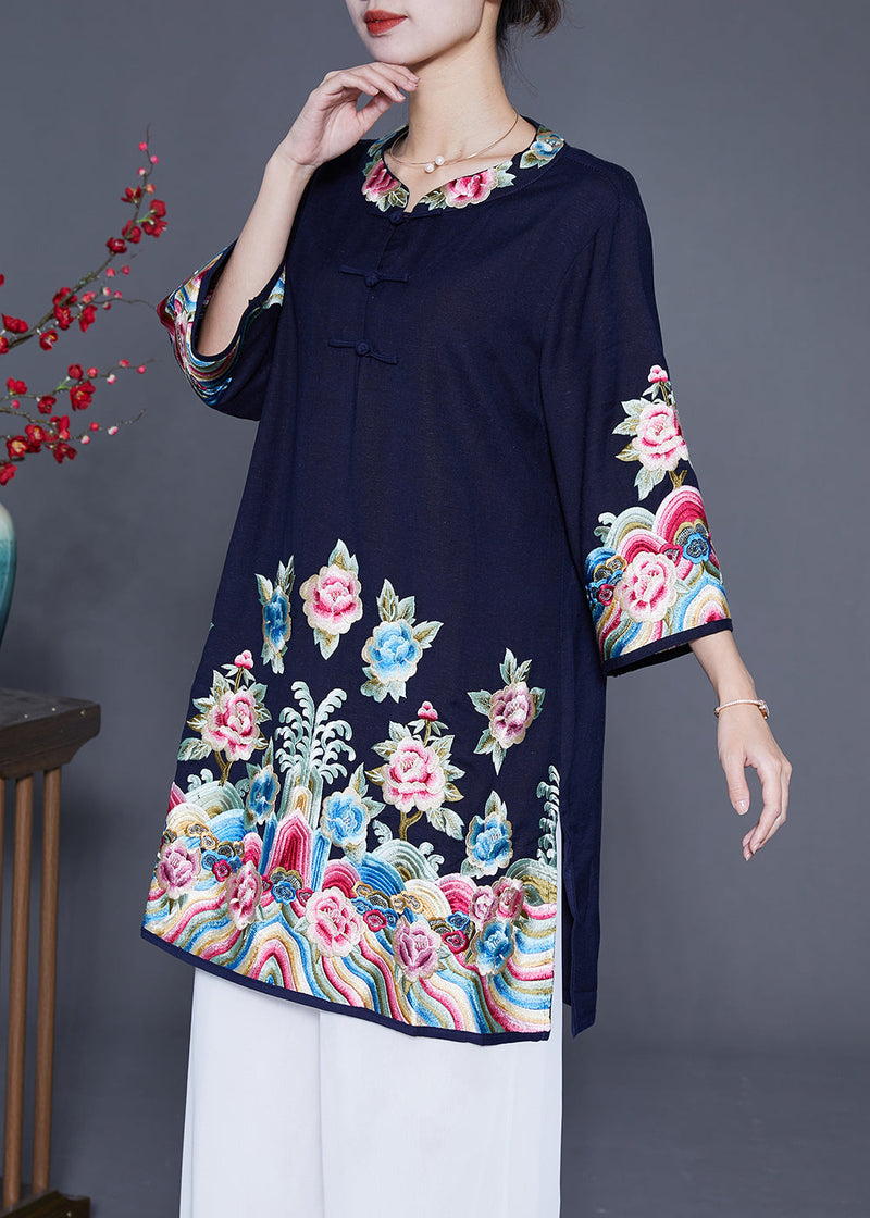 Navy Embroideried Linen Long Shirt Bracelet Sleeve