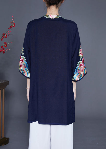 Navy Embroideried Linen Long Shirt Bracelet Sleeve