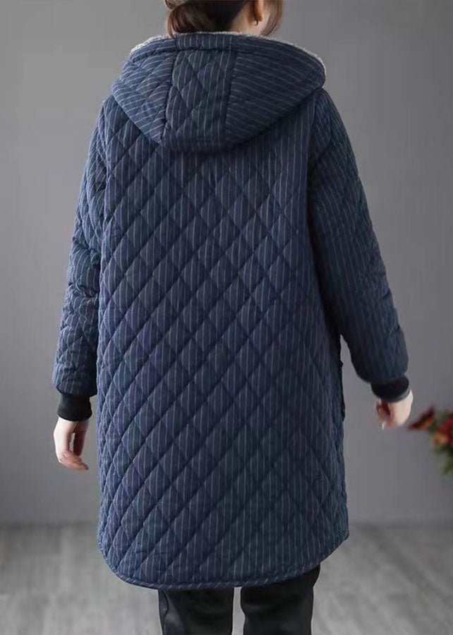 Navy Hooded Striped Warm Fleece Parka Winter