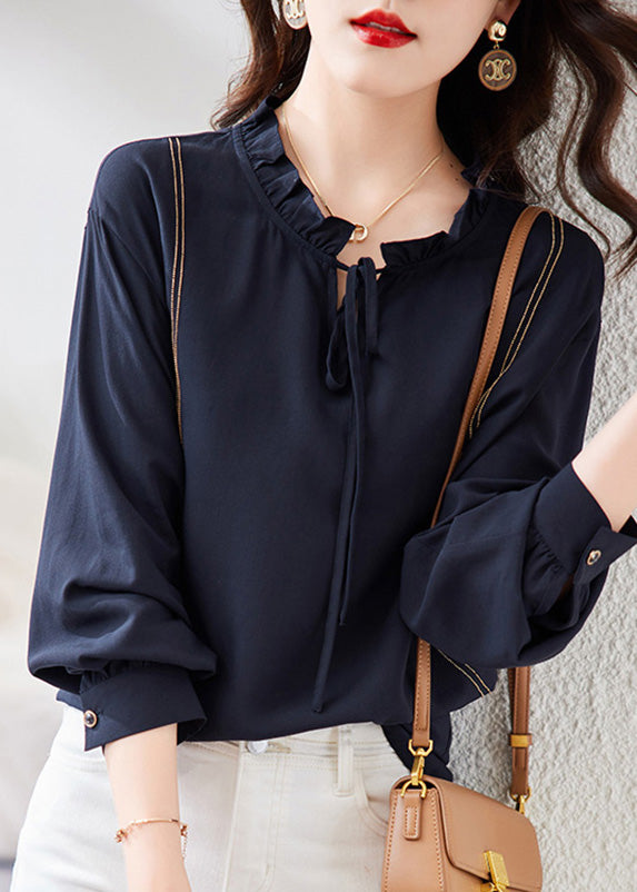 Navy Neck Tie Patchwork Chiffon Shirt Long Sleeve