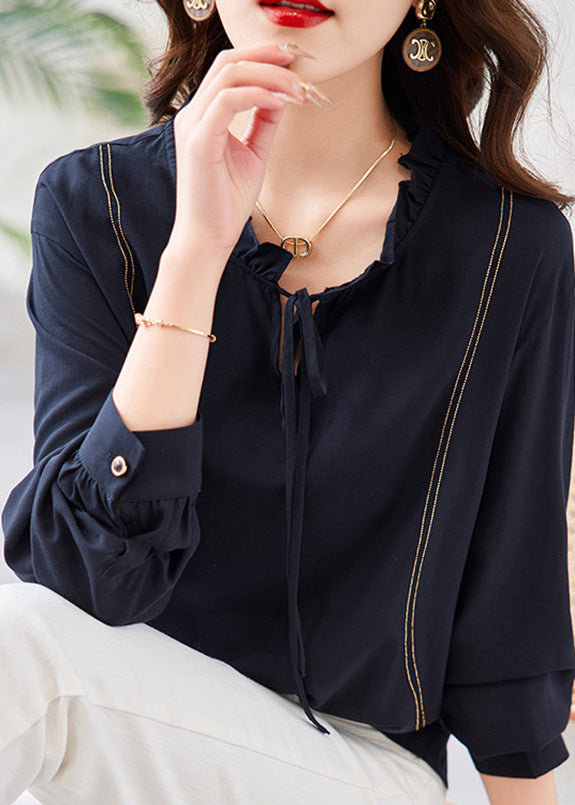 Navy Neck Tie Patchwork Chiffon Shirt Long Sleeve